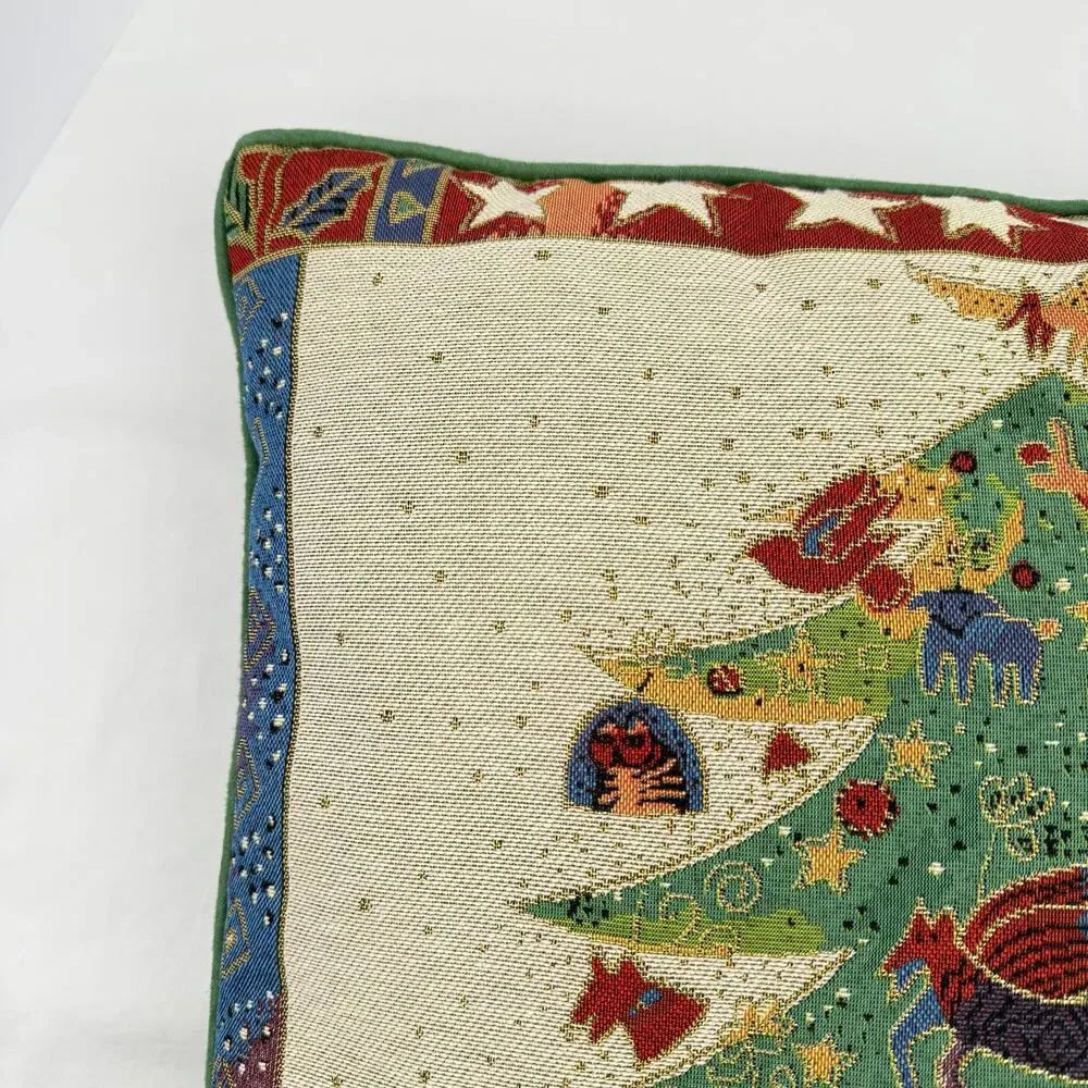 Vintage Laurel Burch Christmas Tree Tapestry Pillow Holiday Folk Art 18x18 90s